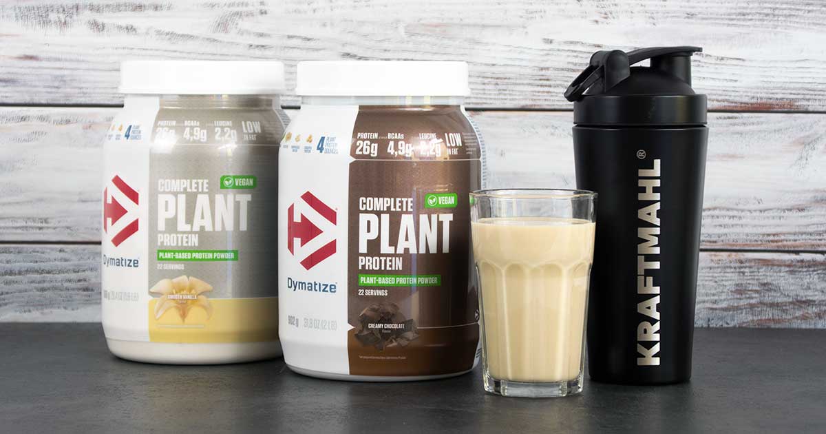 Bild zeigt Dymatize Plant Protein und Shaker