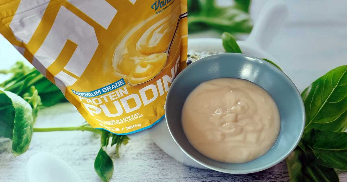 Bild zeigt ESN Protein Pudding Tüte und zubereitet in Schüssel