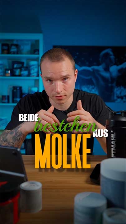 Teaserbild zum YouTube-Short ĂŒber den Unterschied zwischen Whey Isolat und Konzentrat â beide bestehen aus Molke