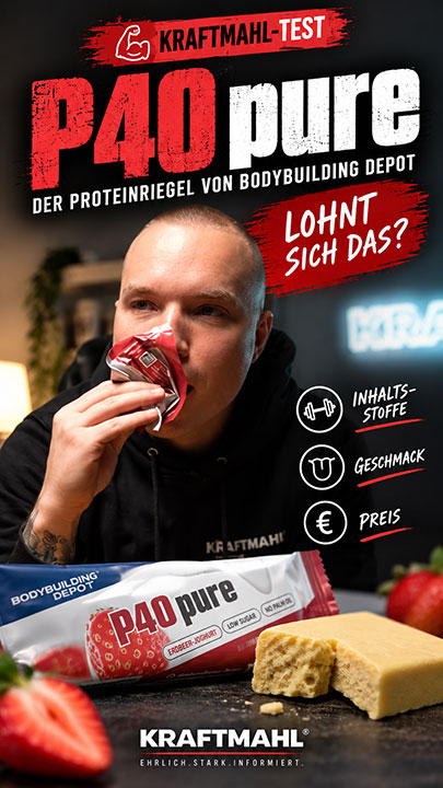 Teaser zum Video vom P40pure Proteinriegel Test - mit dem Riegel und Nico aus der Kraftmahl-Redaktion