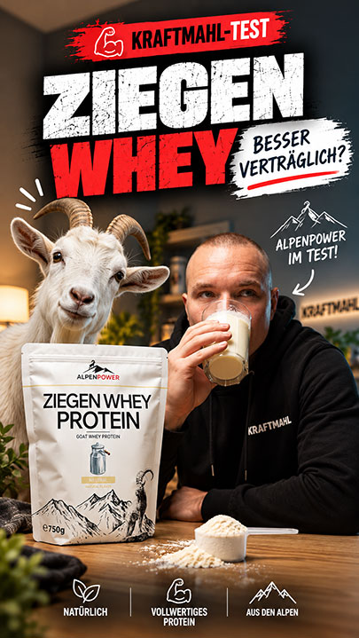 Nico trinkt Ziegen Whey von AlpenPower im Test, eine Ziege und das Produkt als Symbolbild für Test auf Youtube