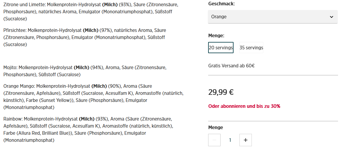Bild zeigt Screenshot der Zutaten-Angaben auf Myprotein Website