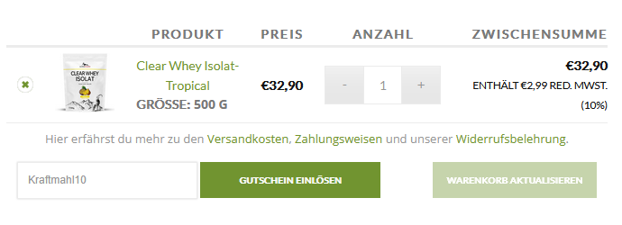 AlpenPower Gutschein ‚Kraftmahl10‘ im Warenkorb anwenden – Beispiel mit Clear Whey