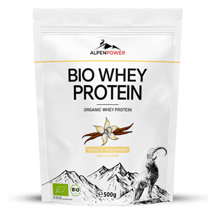 AlpenPower Bio Whey Protein im weißen 500-g-Beutel mit Vanillemotiv