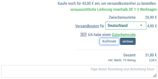 Gutschein-Code ‚Kraftmahl‘ im Bodybuilding Depot Warenkorb eingeben und Rabatt einlösen – Beispiel zur Verwendung im Checkout