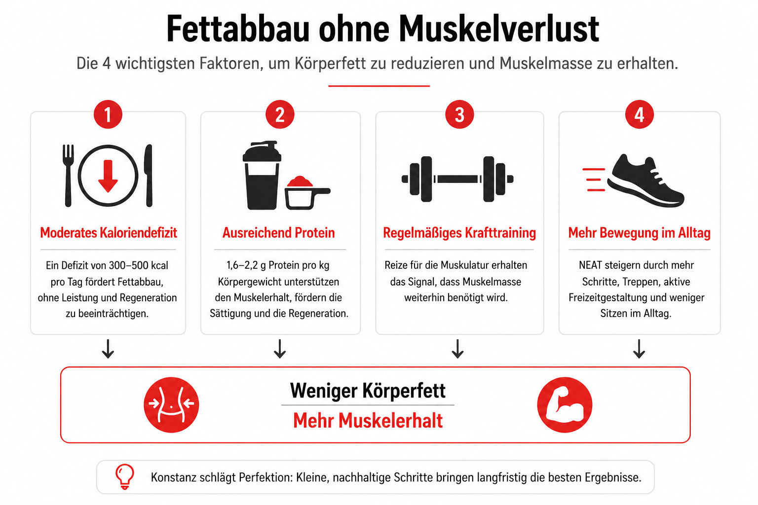 Grafik zeigt die vier wichtigsten Faktoren für Fettabbau bei gleichzeitigem Muskelerhalt