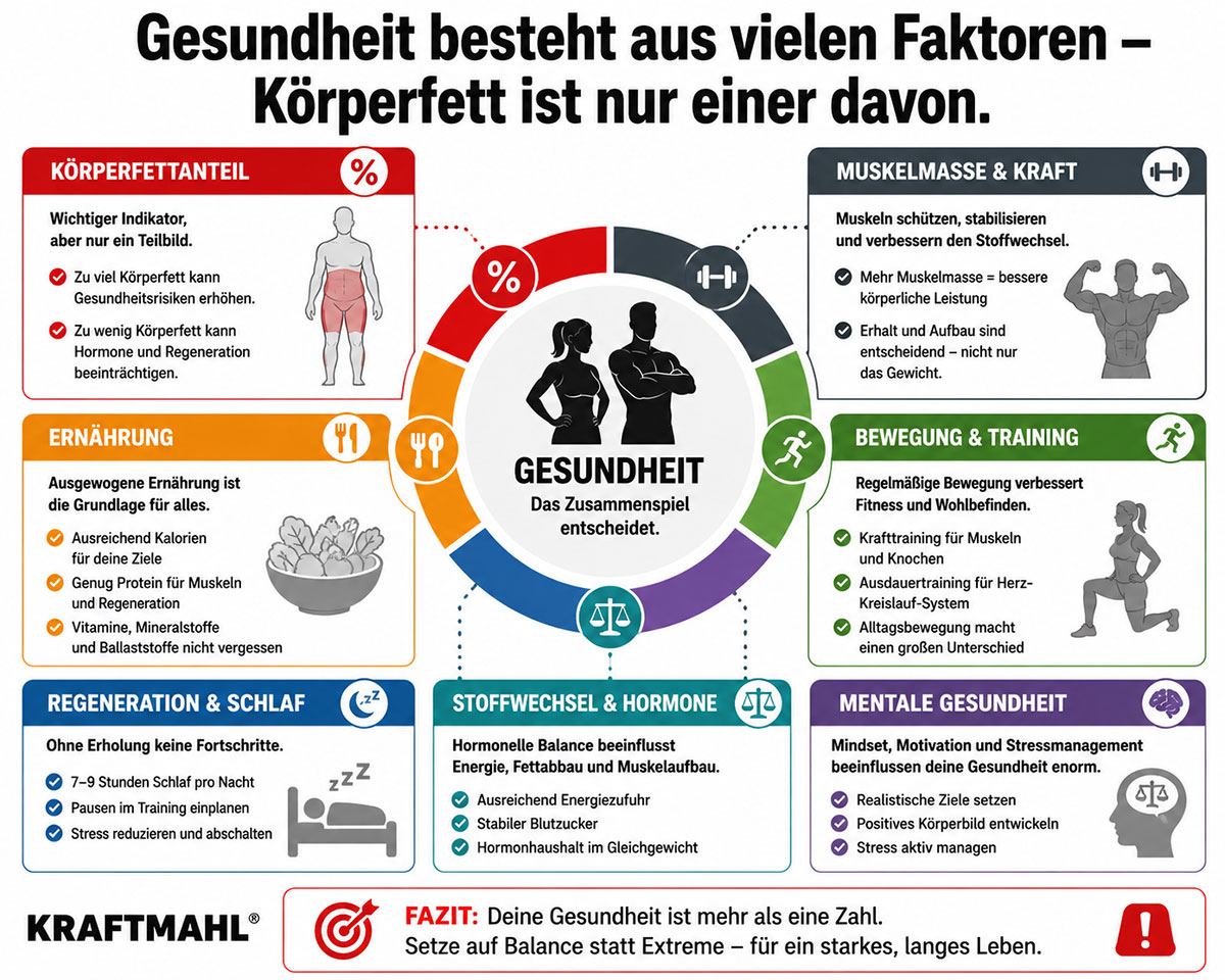 Infografik: Gesundheit besteht aus vielen Faktoren – Körperfett, Muskelmasse, Ernährung, Bewegung, Schlaf und mentale Gesundheit im Überblick.