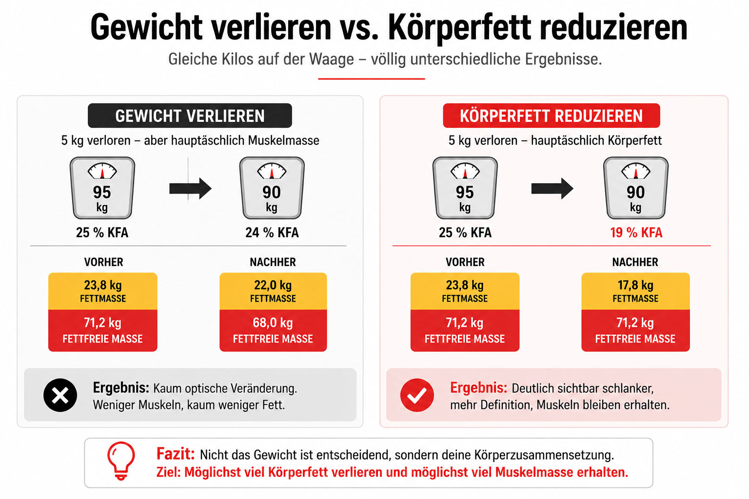 Vergleich zwischen Gewichtsverlust und tatsächlicher Verbesserung des Körperfettanteils