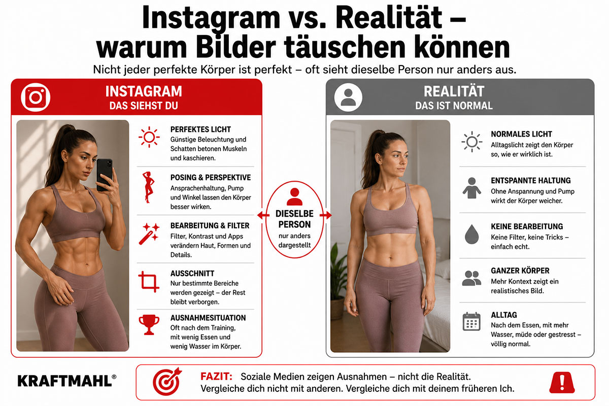 Infografik: Instagram vs. Realität – dieselbe Frau wirkt durch Licht, Posing, Bildbearbeitung und Perspektive deutlich anders als im normalen Alltag.