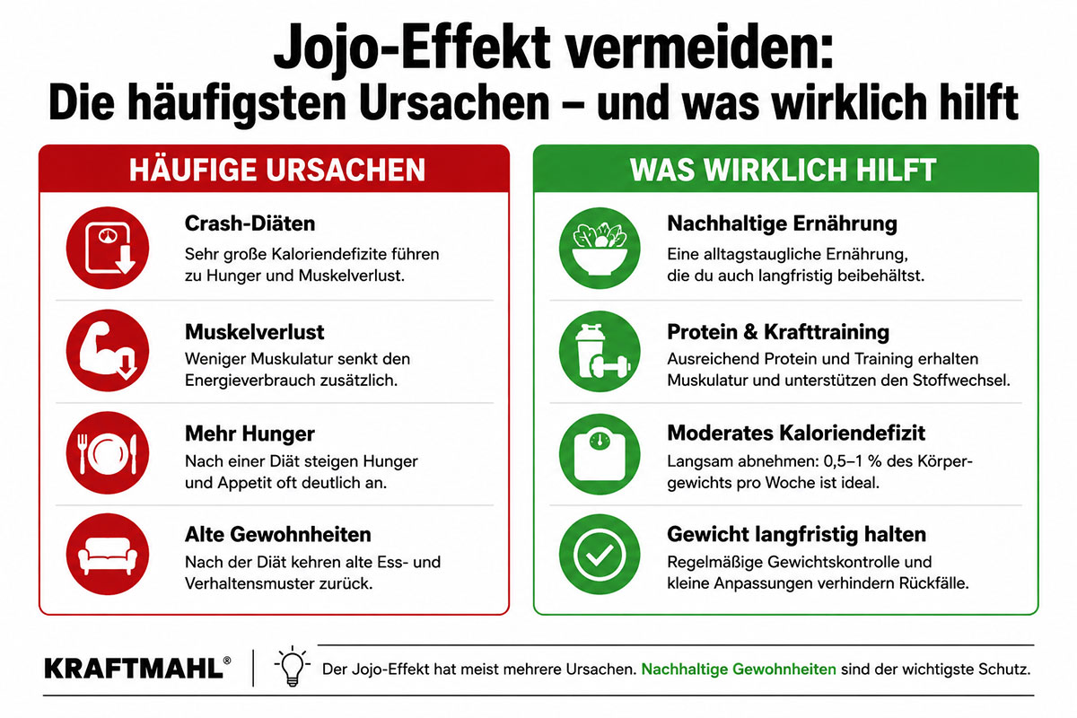Infografik zum Jojo-Effekt mit den häufigsten Ursachen wie Crash-Diäten, Muskelverlust, Hunger und alten Gewohnheiten sowie Strategien zur langfristigen Gewichtserhaltung.