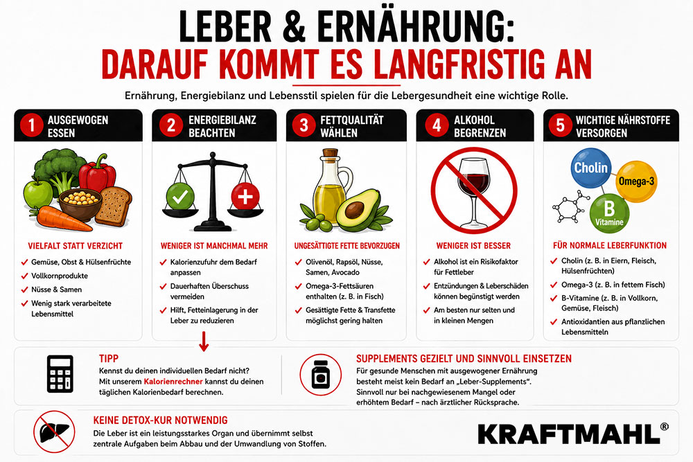 Infografik zu Leber und Ernährung mit fünf Tipps zu ausgewogener Ernährung, Energiebilanz, Fettqualität, Alkohol und wichtigen Nährstoffen.