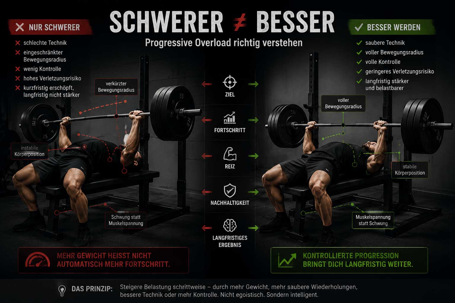 Grafik zum Progressive Overload im Krafttraining: kontrollierte Technik und saubere Ausführung statt blind mehr Gewicht zu bewegen.