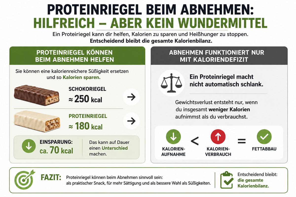Infografik: Proteinriegel können beim Abnehmen helfen, wenn sie kalorienreichere Süßigkeiten ersetzen. Entscheidend für den Fettabbau bleibt jedoch ein Kaloriendefizit.