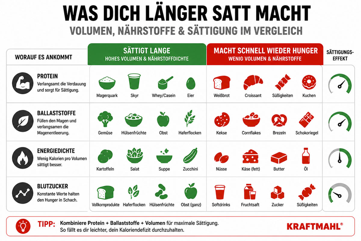 Infografik mit einem Vergleich von Lebensmitteln, die lange sättigen oder schnell wieder Hunger machen. Gegenübergestellt werden Protein, Ballaststoffe, Energiedichte und Blutzuckereinfluss mit passenden Lebensmittelbeispielen.