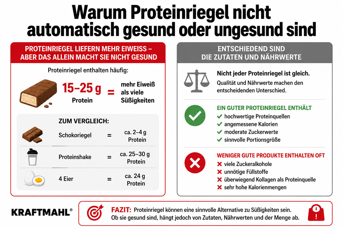 Infografik: Sind Proteinriegel gesund? Vergleich von Protein, Zutaten und Nährwerten mit Kriterien für gute und weniger gute Proteinriegel.