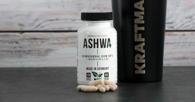Bild zeigt Justnutrition Bio Ashwaganda und Kraftmahl Shaker