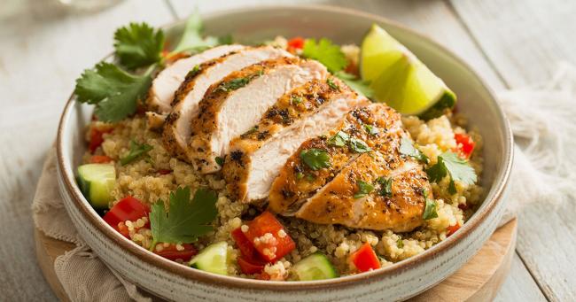 Proteinreiche Mahlzeit mit Hähnchen, Quinoa und Gemüse für nachhaltiges Abnehmen ohne Hunger
