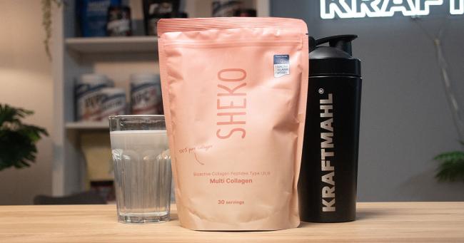 SHEKO Multi Kollagen mit Wasserglas und Kraftmahl-Shaker im Praxistest