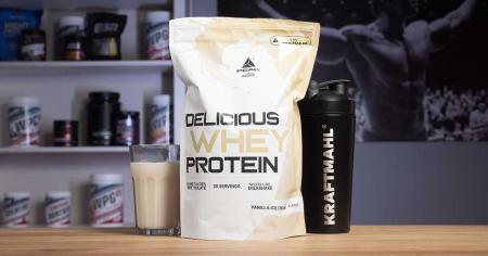 Peak Delicious Whey Protein Vanilla Ice Cream im Test mit Shake und Kraftmahl Shaker