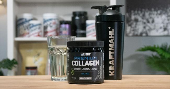 Weider Premium Collagen im Praxistest mit Shaker und Wasserglas