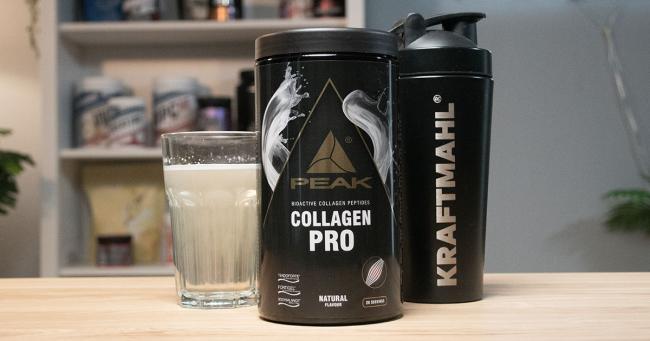 PEAK Collagen Pro Kollagenpulver mit Shaker und zubereitetem Getränk im Kraftmahl-Test
